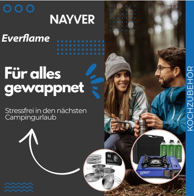 Gaskocher Camping Kocher Everflame 2.3KW inkl. Kartuschen & Kochset, inkl. Transportkoffer