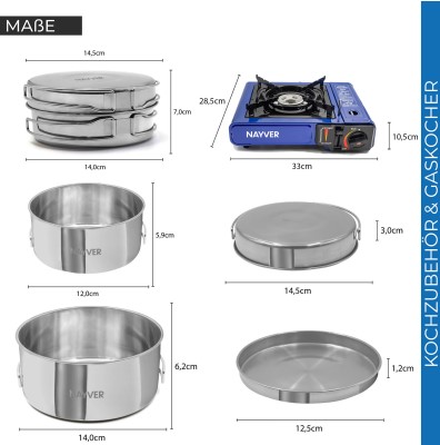 NAYVER Gaskocher Camping Kocher + 4 Gaskartuschen & Kochset inkl. Transportkoffer