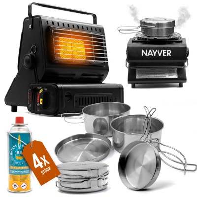 NAYVER Butangas Camping Heizung 1300Watt Bundle inkl. 4 Gaskartuschen  Butan/Propan und Kochset 4.-tlg.