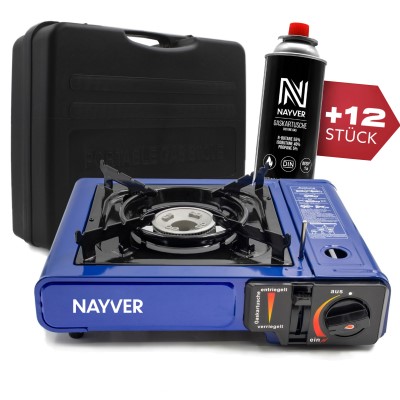 NAYVER Gaskocher Camping Kocher + 12 Gaskartuschen und Transportkoffer inkl. 12 Gaskartuschen und Transportkoffer