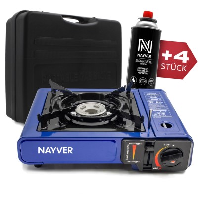 NAYVER Gaskocher Camping Kocher + 4 Gaskartuschen (Propan-Butan) und Transportkoffer inkl. 4 Gaskartuschen und Transportkoffer