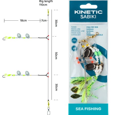 Kinetic Sabiki Fish Fry - Boots- & Brandungsvorfach Pearl/Chartreuse Fry - 110cm - #1/0 - 1 Stück