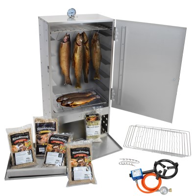 Eversmoke Räucherofen Set Edelstahl Räucherofen Magnum VA inkl. 5,5kW Brenner, Mehl, Lake & Thermometer, 46x28x86cm - 1Stück