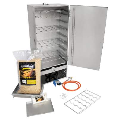 Eversmoke Räucherofen Set Edelstahl Jumbo VA inkl. 5,5kW Brenner, Mehl, Lake & Thermometer 46x28x110cm