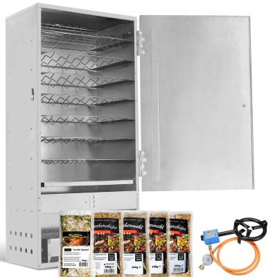 Eversmoke Räucherofen Set Edelstahl Jumbo VA inkl. 5,5kW Brenner, Mehl, Lake & Thermometer, 46x28x110cm