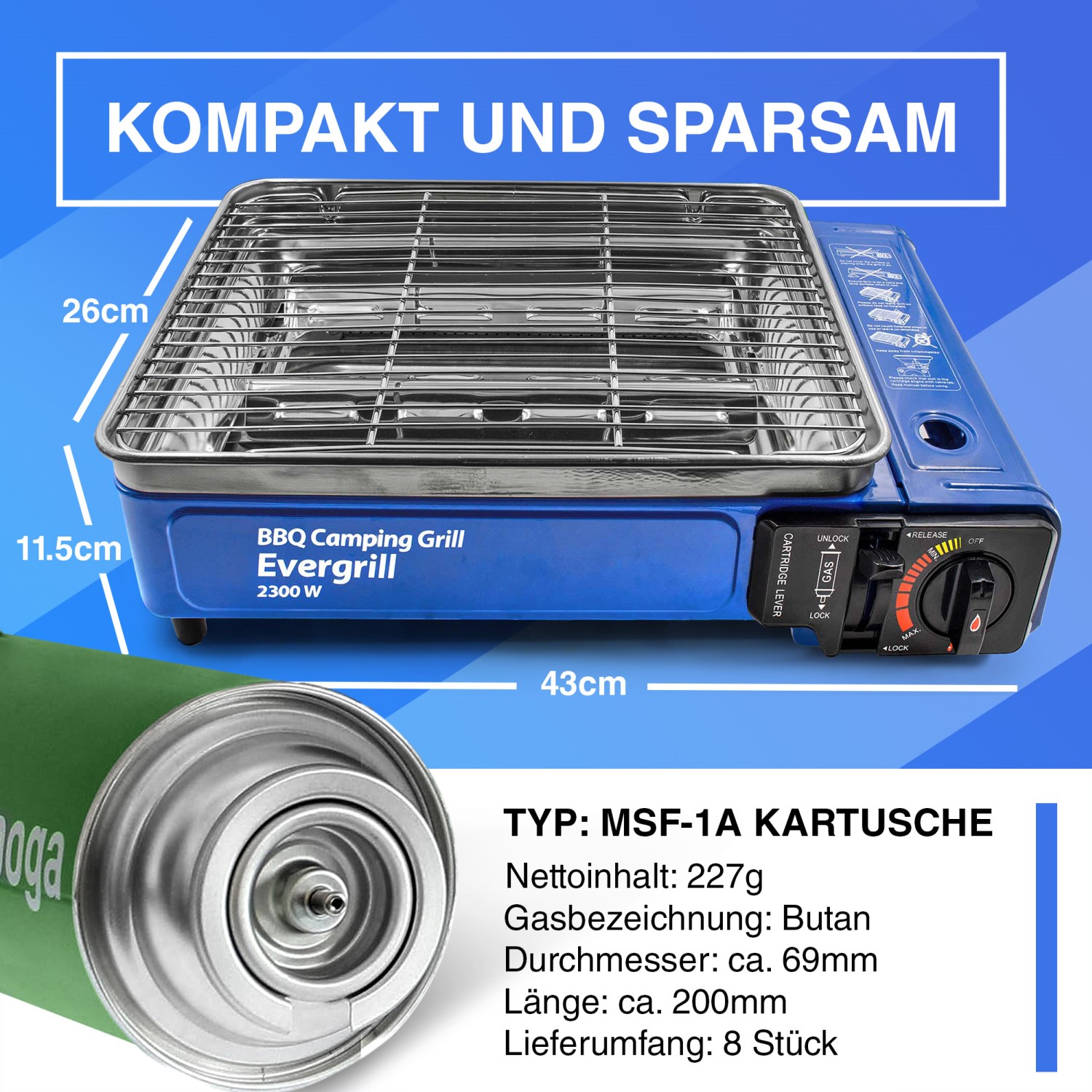 Butangas Camping Grill Evergrill inkl. 8 Gaskartuschen inkl. 8