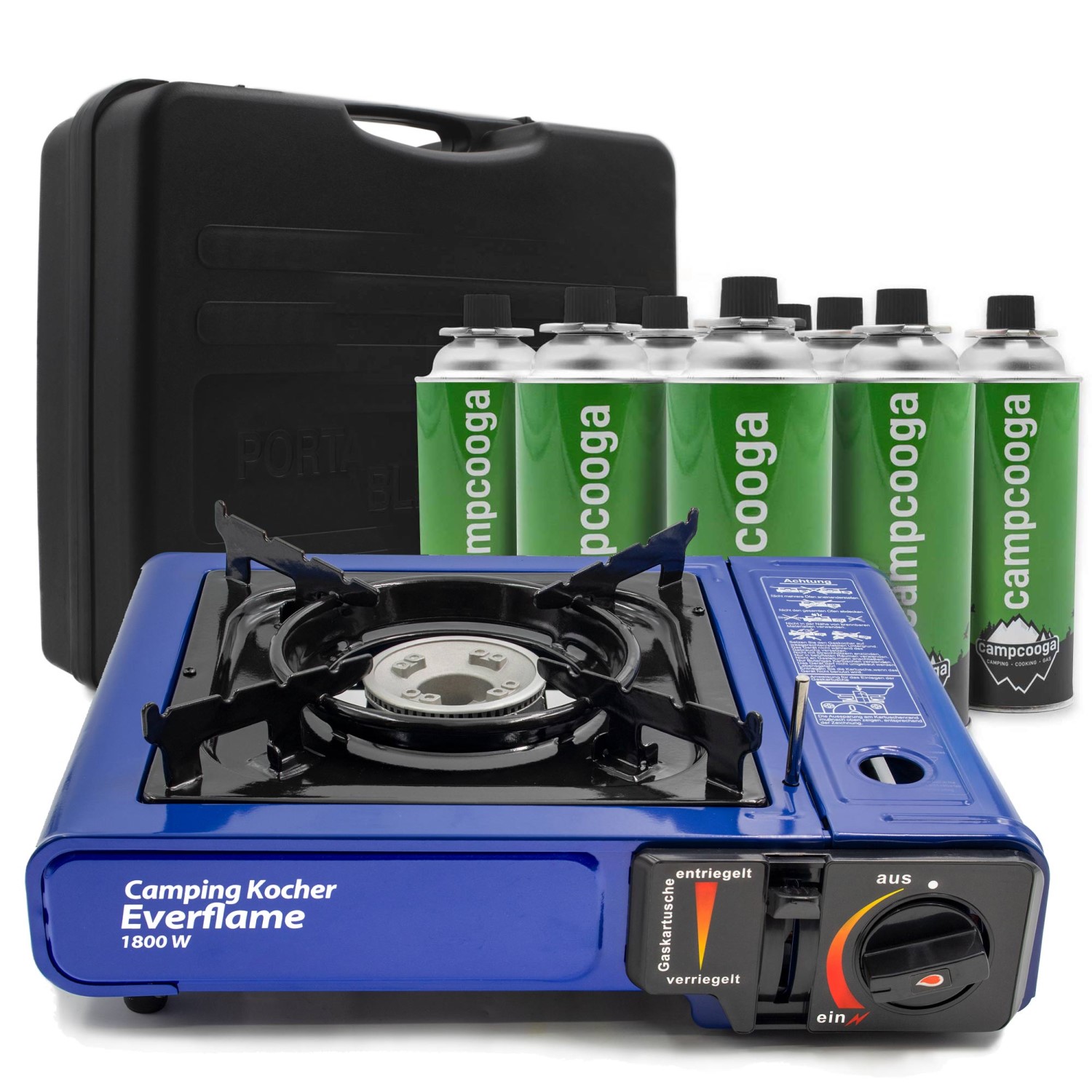 Gaskocher Camping Kocher Everflame 2.3KW inkl. 8 Gaskartuschen und
