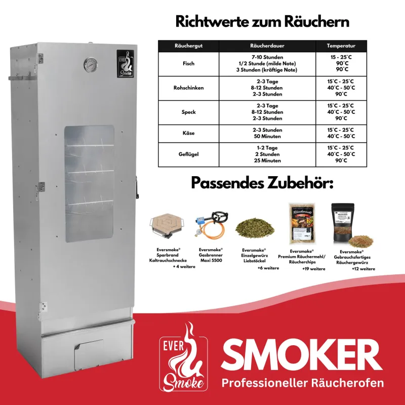 Eversmoke Räucherofen Excellent II Large Elektro Sichtfenster & Thermometer - 44x28x120cm