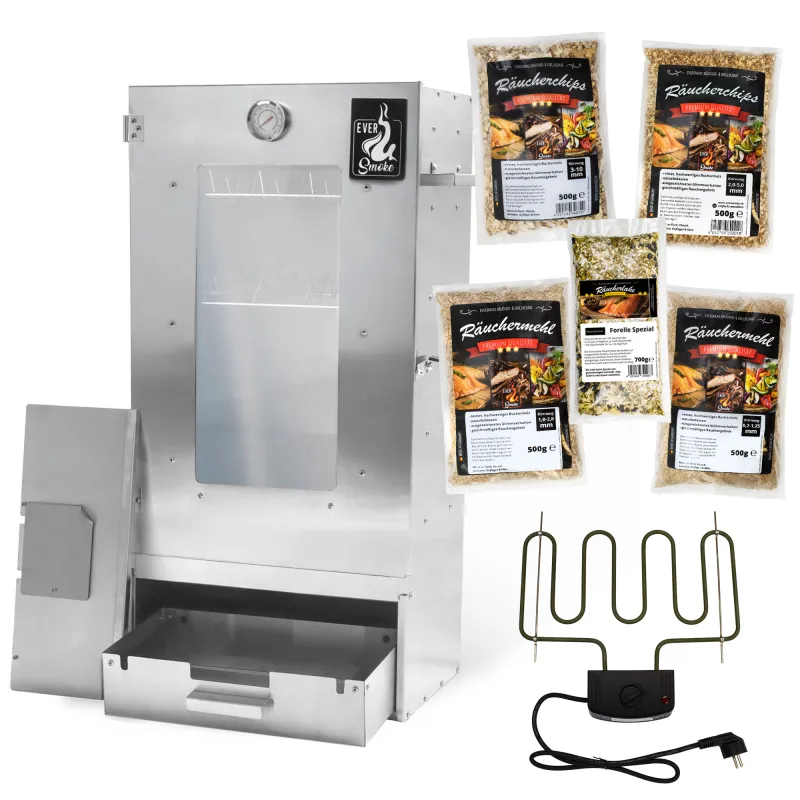 Eversmoke Räucherofenset Excellent II Elektro Medium - 45x28x81cm - Edelstahl mit Sichtscheibe und Elektro-Heizelemt - 1Stück
