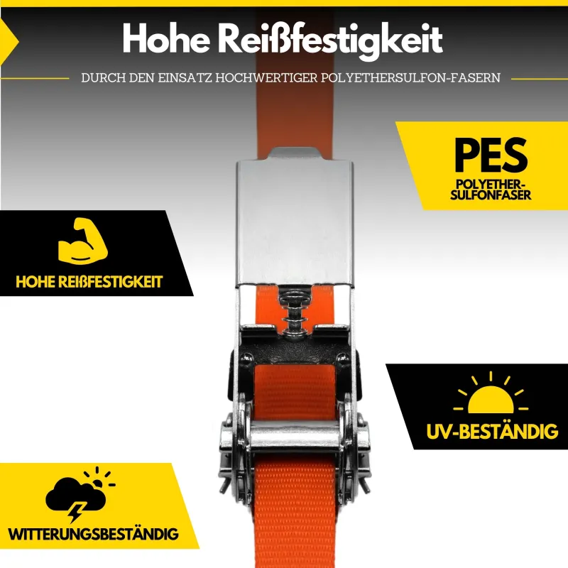 Fatbox Spanngurt mit Ratsche 25mm x 6m, Orange, Losende Länge: 5,5m, Festende Länge: 0,5m