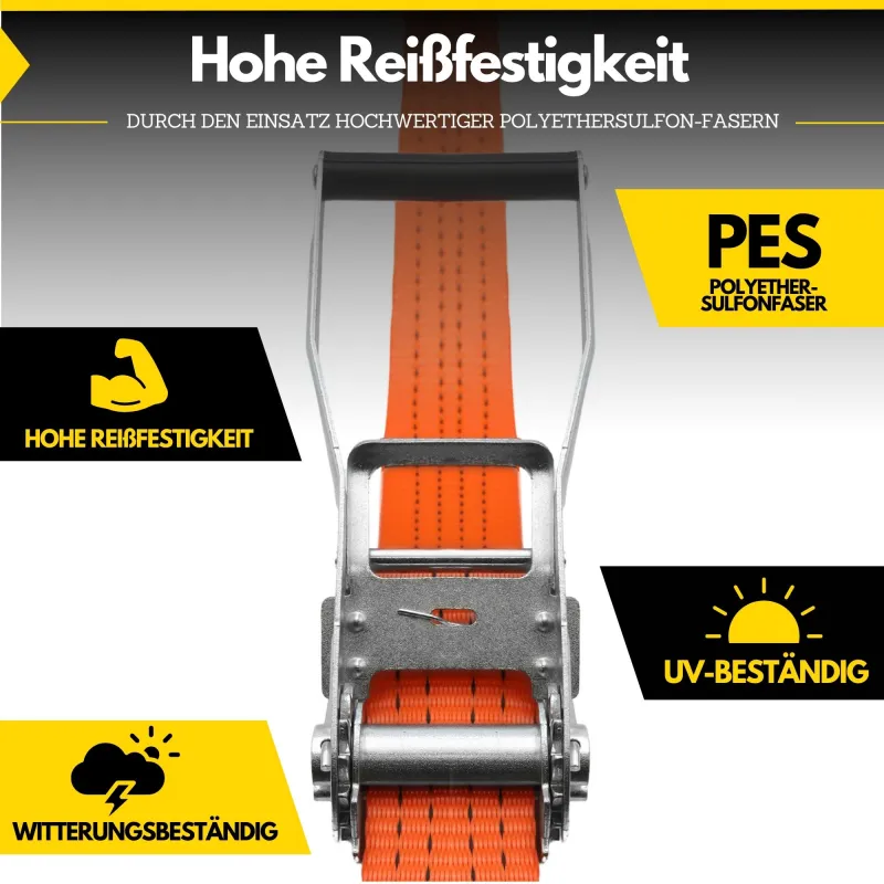 Fatbox Spanngurt mit Ratsche 50mm x 6m, Orange, Losende Länge: 5,5m, Festende Länge: 0,5m