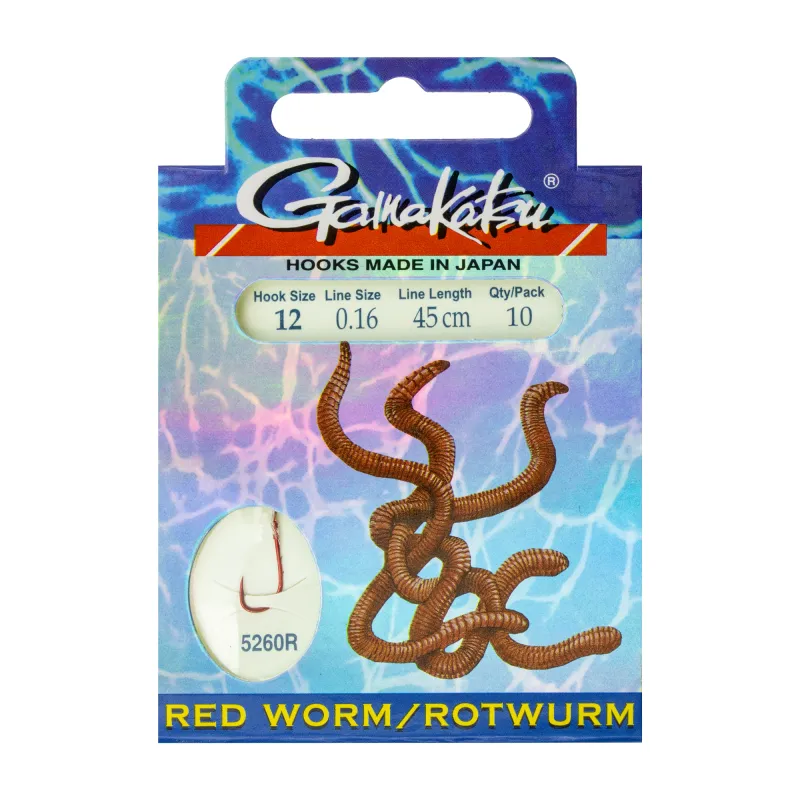 Gamakatsu Gebundene Haken Rotwurm 45cm - Gr.12 - 0,16mm - 10Stück