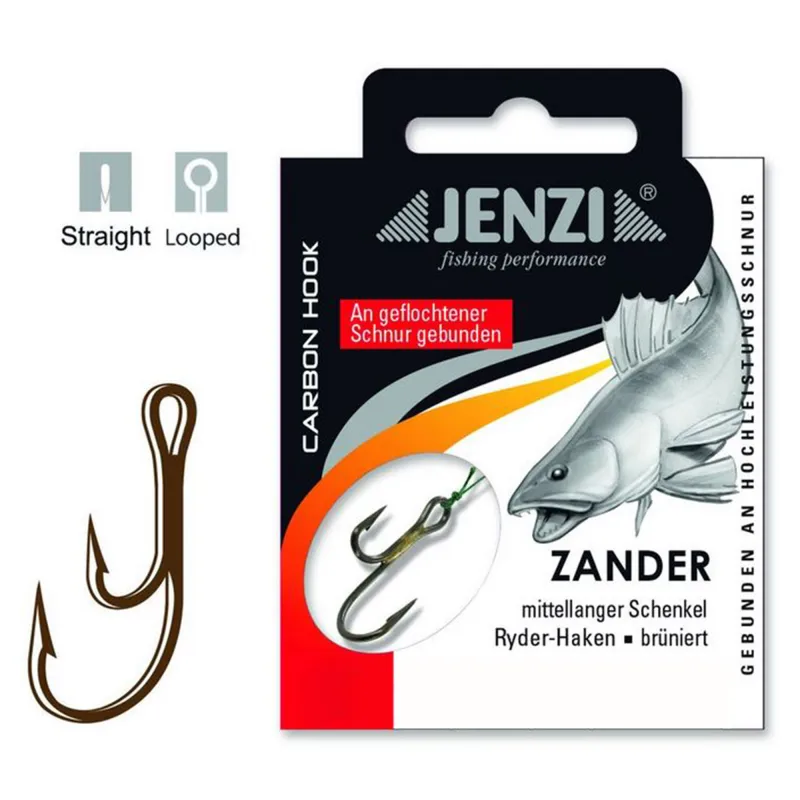 Jenzi Zander-/Ryderhaken mit geflochtener Schnur Gr.6 - 80cm - 12Kg - 5 Stück