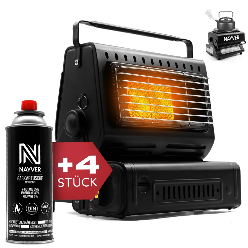 NAYVER Butangas Camping Heizung 1300Watt Bundle inkl. 4 Gaskartuschen Butan