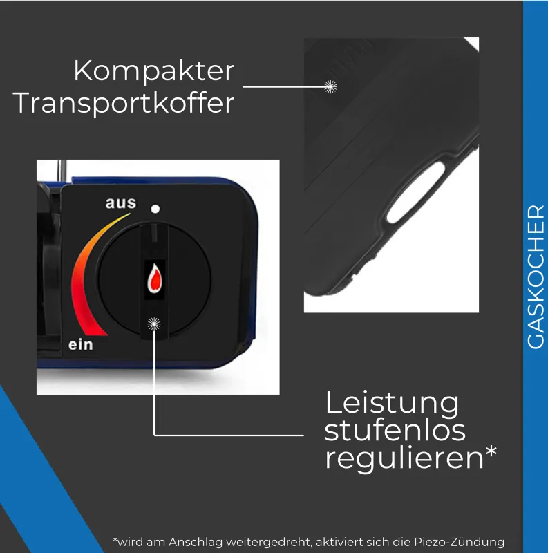 NAYVER Gaskocher Camping Kocher + 4 Gaskartuschen & Kochset inkl. Transportkoffer