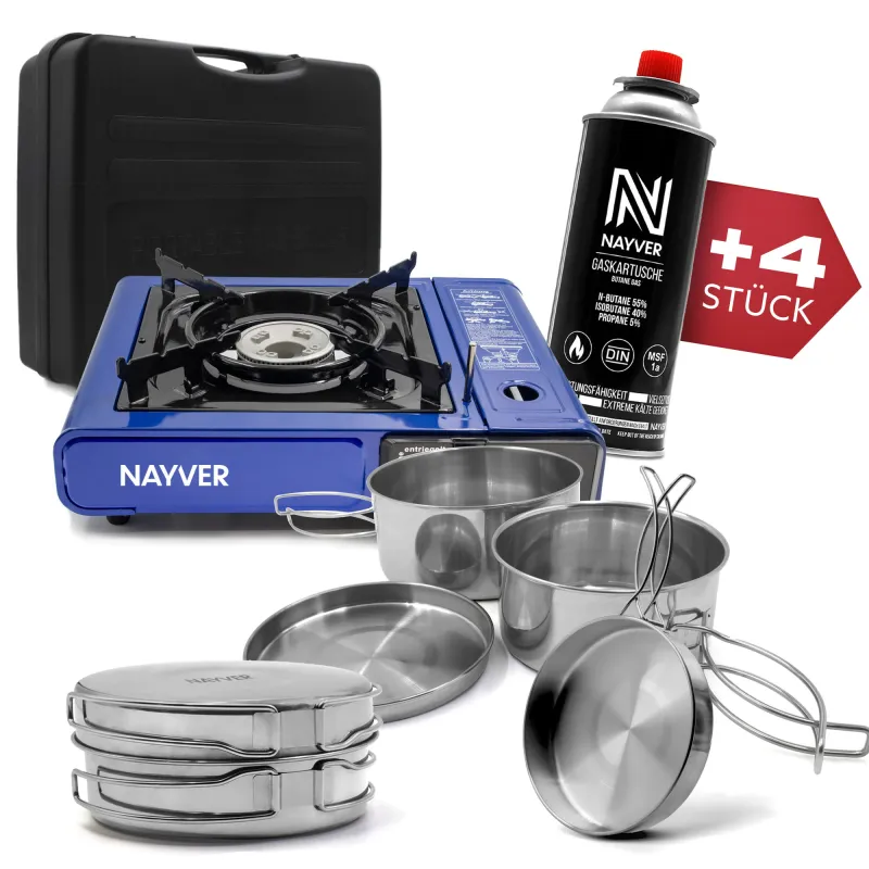 NAYVER Gaskocher Camping Kocher + 4 Gaskartuschen (Propan-Butan) & Kochset inkl. Transportkoffer