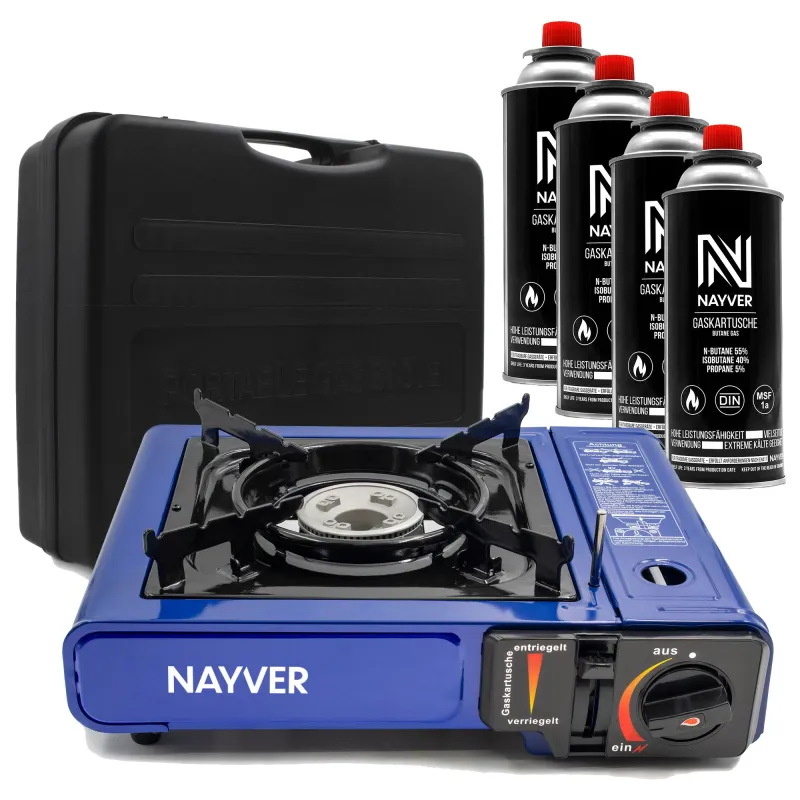 NAYVER Gaskocher Camping Kocher + 4 Gaskartuschen (Propan-Butan) und Transportkoffer inkl. 4 Gaskartuschen und Transportkoffer
