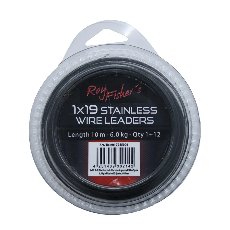 Roy Fishers 1x19 Soft Stahlvorfach Black do-it-yourself 10m Spule 6,0Kg inklusive 12 Quetschhülsen 10m - black - TK6.0kg - 1+12Stück
