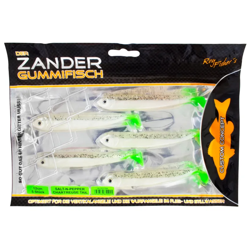Roy Fishers Der Zander Gummifisch 12cm - Salt-n-Pepper Chartreuse - 10g - 5 Stück