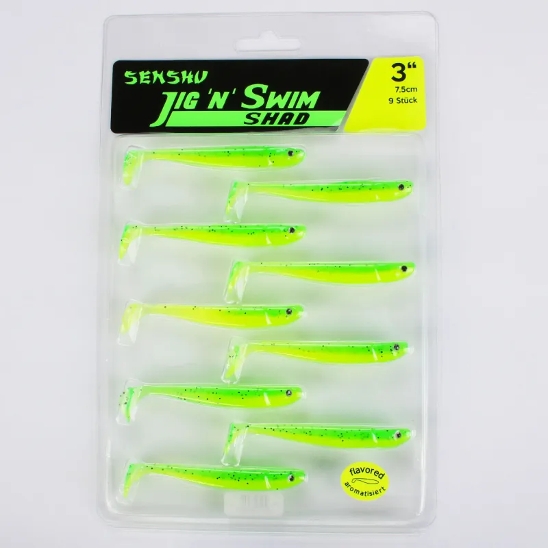 Senshu Jig ´n´ Swim Shad 7.5cm - UV Chartreuse Bandit - 2g - 9 Stück