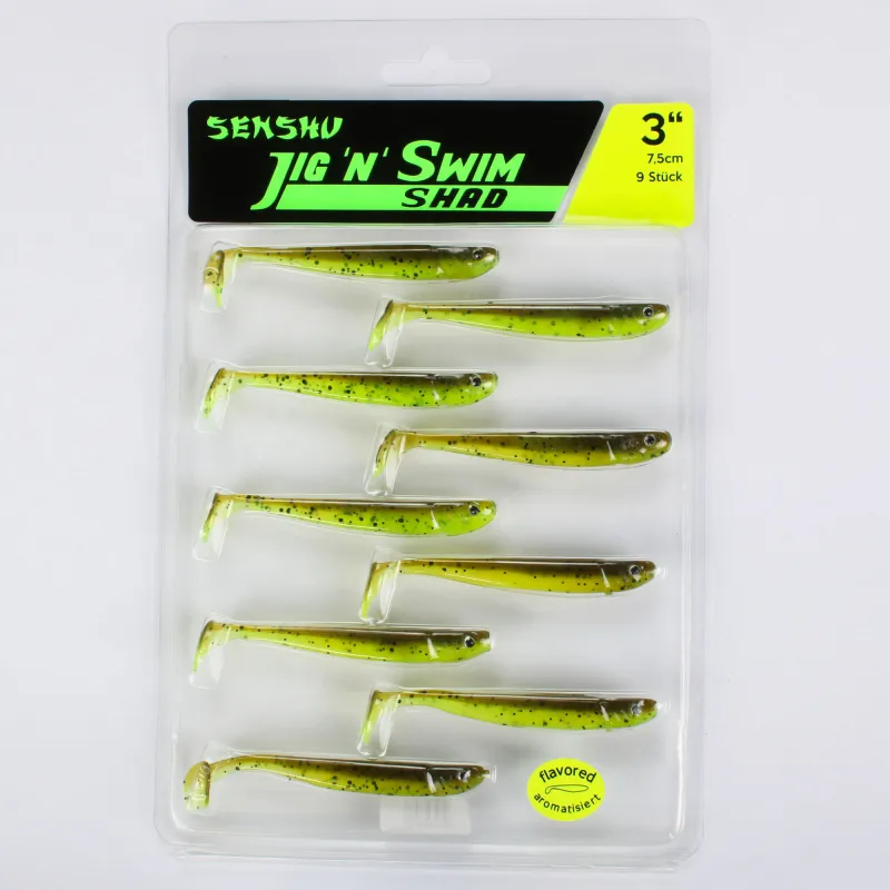 Senshu Jig ´n´ Swim Shad 7.5cm - UV Chartreuse Brownie - 2g - 9 Stück