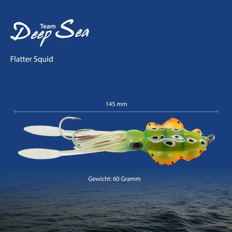 Team Deep Sea Flatter Squid mit 2 Assist Hooks selbstleuchtend 14,5cm - agressive yellow