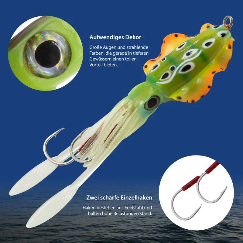 Team Deep Sea Flatter Squid mit 2 Assist Hooks selbstleuchtend 14,5cm - agressive yellow