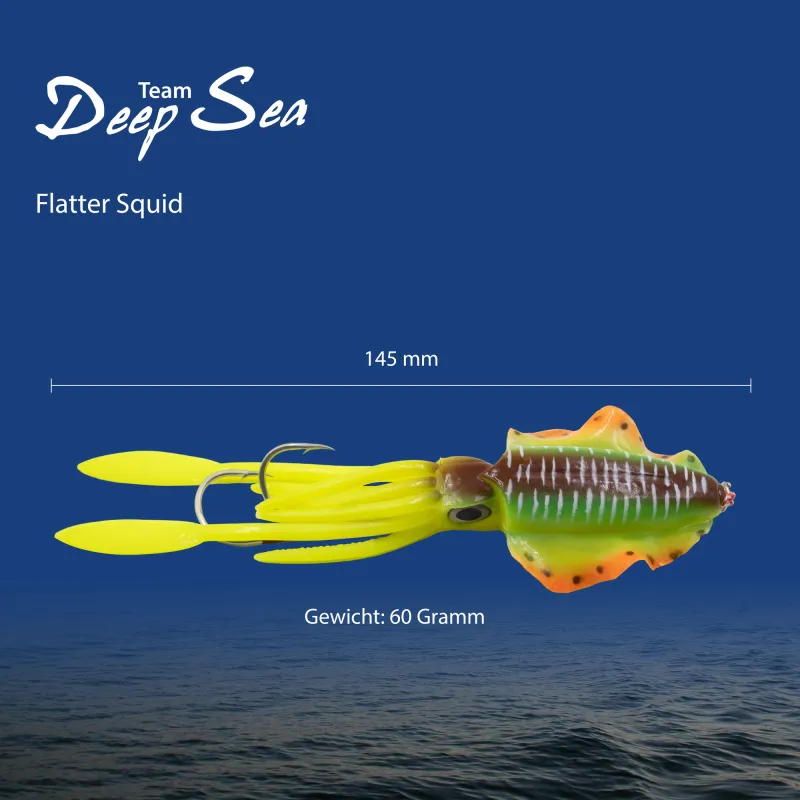 Team Deep Sea Flatter Squid mit 2 Assist Hooks selbstleuchtend 14,5cm - horny tail