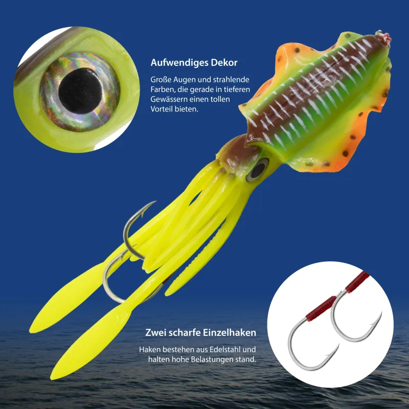 Team Deep Sea Flatter Squid mit 2 Assist Hooks selbstleuchtend 14,5cm - horny tail