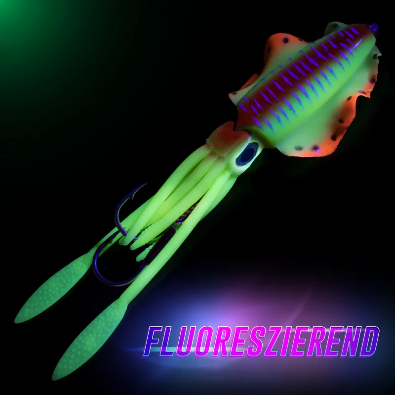 Team Deep Sea Flatter Squid mit 2 Assist Hooks selbstleuchtend 14,5cm - horny tail