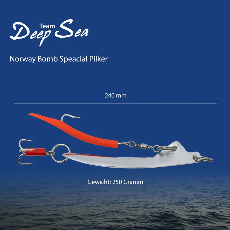 Team Deep Sea Norway Bomb Special Pilker - Lead Free 250g - Chrom/Red Makk - 1 Stück