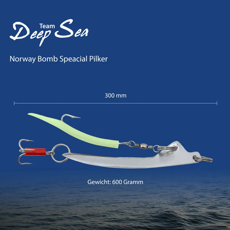 Team Deep Sea Norway Bomb Special Pilker - Lead Free 600g - Chrom/Luminous Makk - 1 Stück