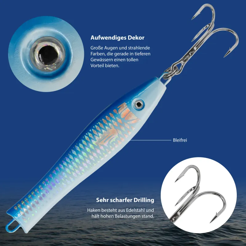 Team Deep Sea Spitzkopf Holo Pilker bleifrei 100g - Silber/Blau - 1 Stück