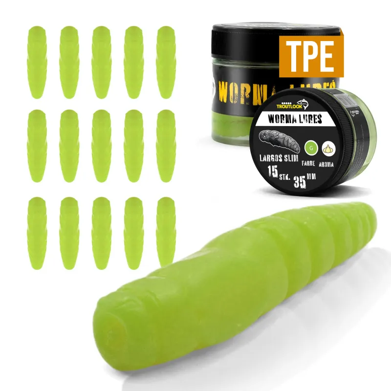 Troutlook Worma Lures - Largos Slim Garlic/Knoblauch - 3,5cm - 15 Stück - Kiwi Green