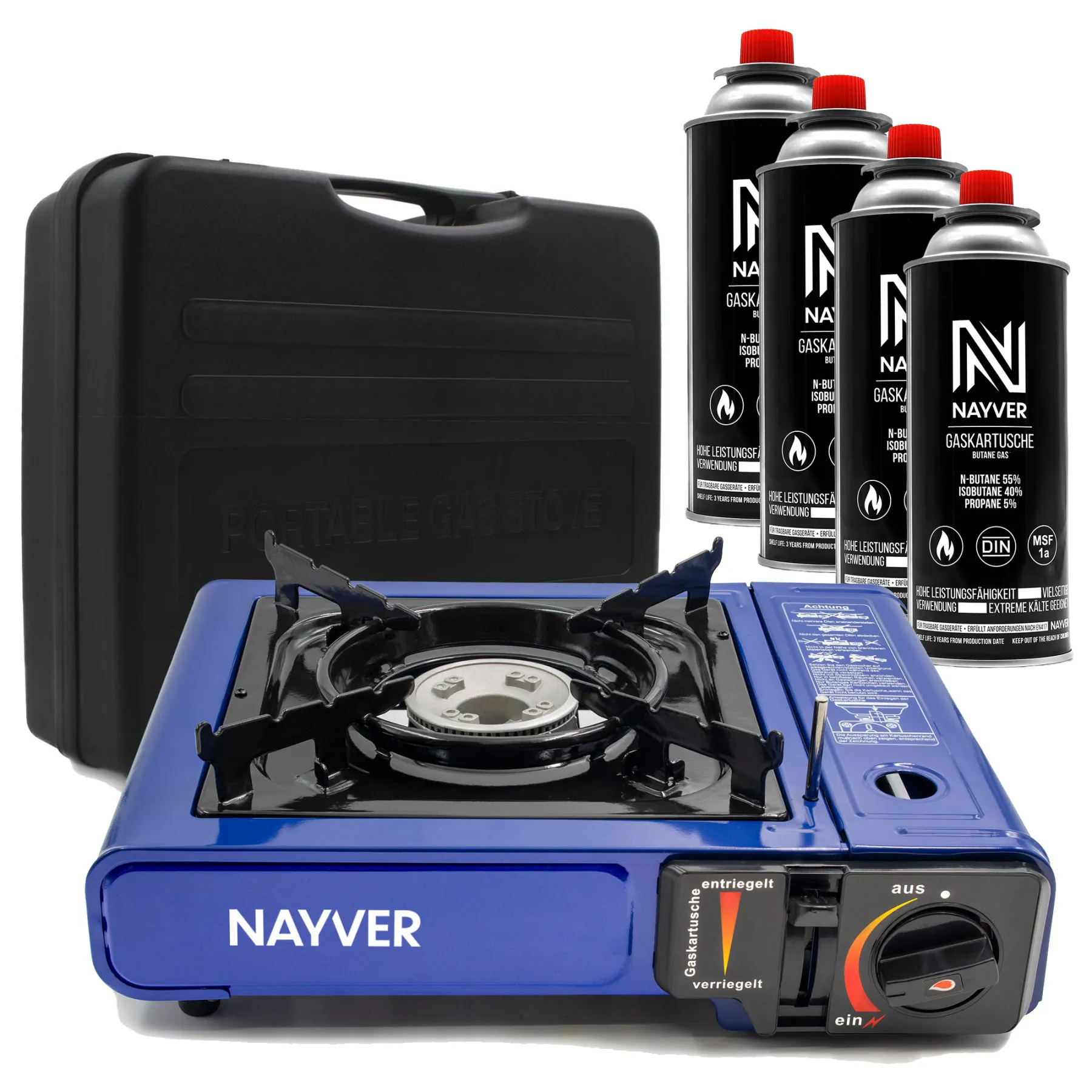 NAYVER Gaskocher Camping Kocher + 4 Gaskartuschen (Propan-Butan) und Transportkoffer inkl. 4 Gaskartuschen und Transportkoffer